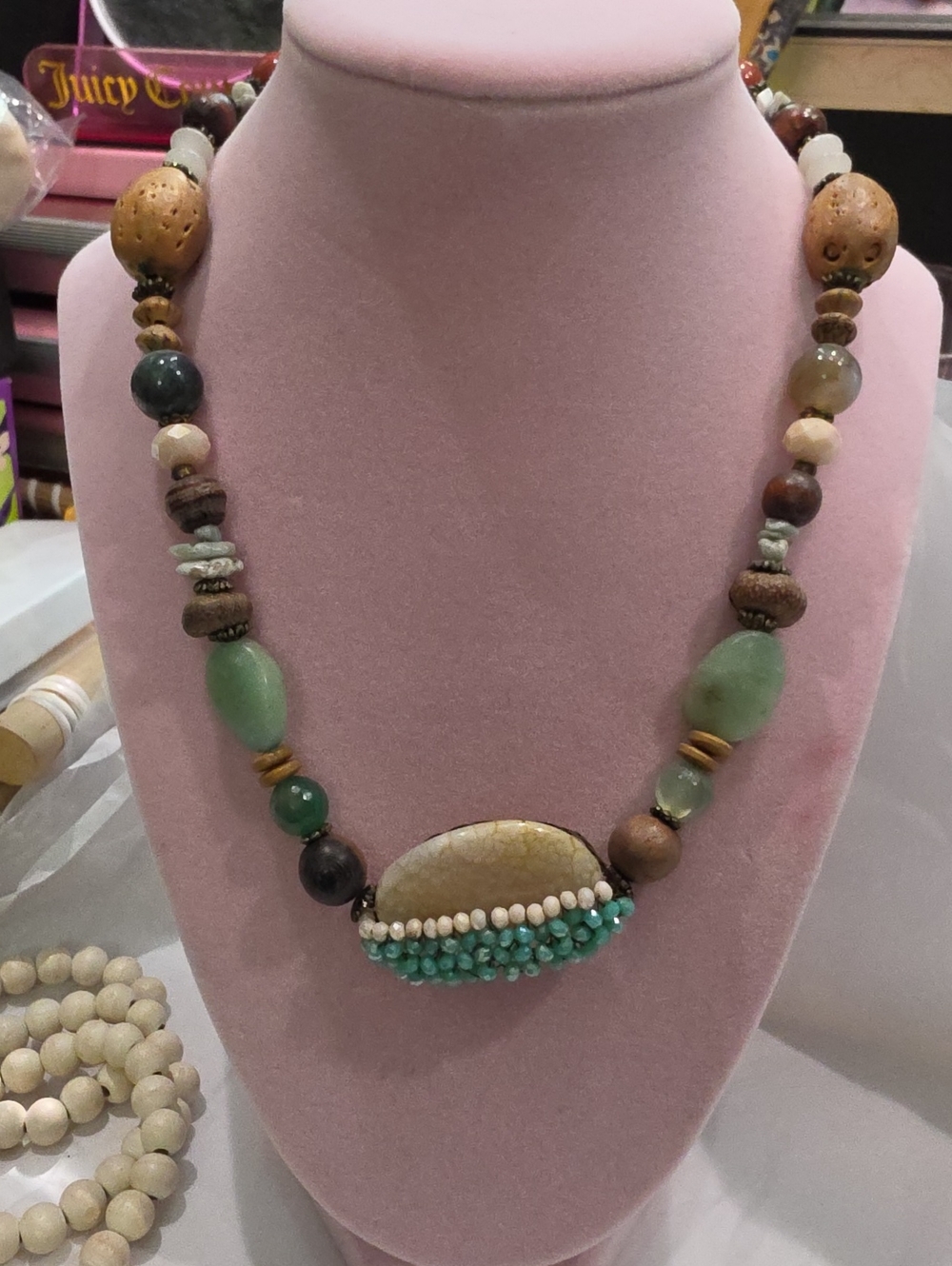 Handmade Green Bead & Stone Statement Necklace